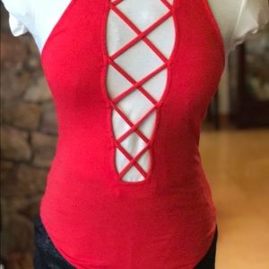 Express Tops - Express Red Lace Front Bodysuit. Size S. Express Tops - Express Red Lace Front Bodysuit. Size S.